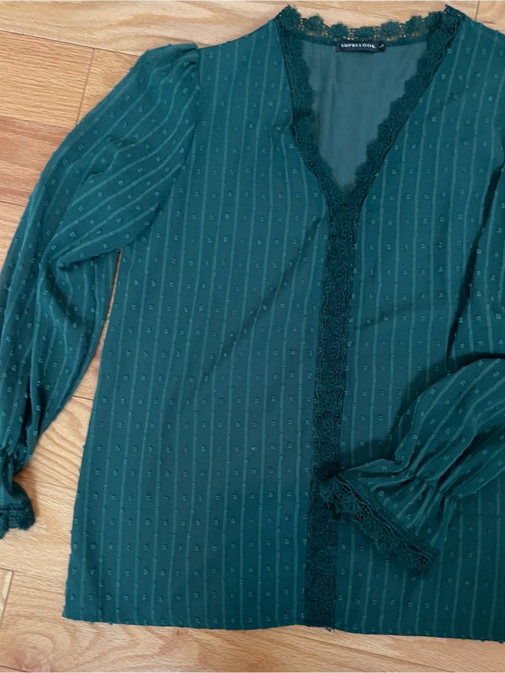 SUPRE Forest Green Lace-Trim V-Neck Blouse